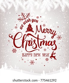 Merry Christmas and New Year typographical on background with winter landscape with snowflakes, light, stars. Xmas card. Vector Illustration