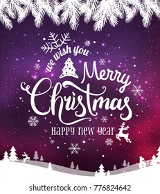 Merry Christmas and New Year typographical on holidays background with winter landscape with snowflakes, light, stars. Vector Illustration. Xmas card