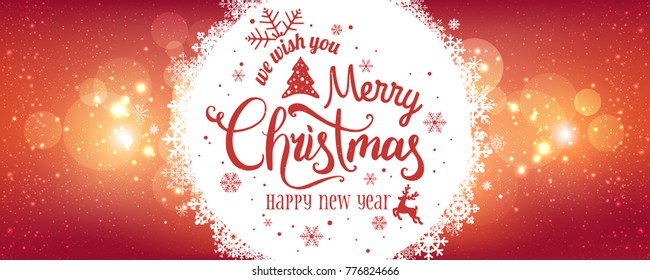 Merry Christmas and New Year typographical on red background with winter landscape with snowflakes, light, stars. Xmas card. Vector Illustration