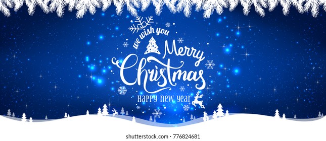 Merry Christmas and New Year Typographical on blue shiny Xmas background with winter landscape with snowflakes, light, stars. Merry Christmas card. Vector Illustration