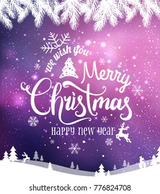 Merry Christmas and New Year typographical on holidays background with winter landscape with snowflakes, light, stars. Vector Illustration. Xmas card