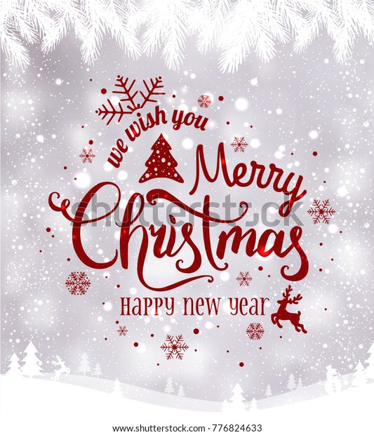 冬の風景と雪片 明るい 星の背景に聖降誕祭と新年の活字体 クリスマスカード ベクターイラスト のベクター画像素材 ロイヤリティフリー