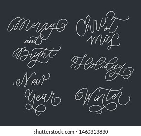 Merry Christmas and New Year typography set of handwritten lettering. Calligraphy card design elements. Holiday lettering templates for greeting cards, overlays, posters, wrapping paper.Vector