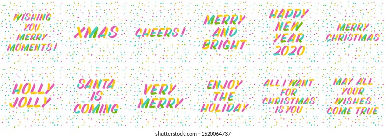 Merry Christmas and New Year typography set of brush sign lettering. Celebration card design elements on white background with confetti. Holiday lettering templates for greeting cards, posters