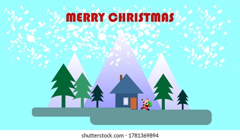 Merry Christmas and New Year typography in the background with winter views with snowflakes. Christmas card. Vector illustration