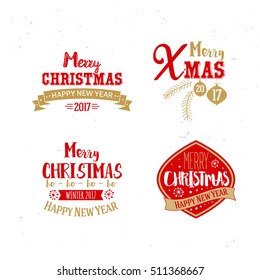 Merry Christmas and New Year Typography Design Set. Vector illustration with bright golden colors.