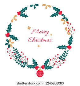 Merry Christmas and New Year vector border wreath with balls, mistletoe, berries and  other decorative elements. Vector Illustration on white background