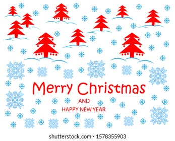 Merry Christmas and New Year vector illustration with inscription. Red Christmas trees and blue snowflakes.