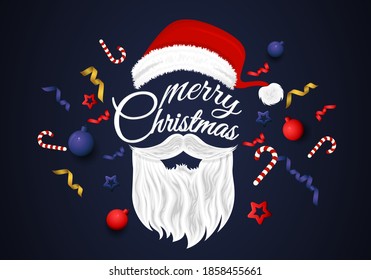 Merry Christmas and New Year vector greeting background with Santa face typography, ornaments, star and candy cane for banner, Flyer, social media, print, poster, web.