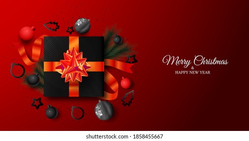 Merry Christmas and New Year vector greeting background with Gift box, ornaments for banner, Flyer, social media, print, poster, web.