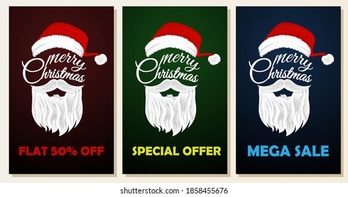 Merry Christmas and New Year vector greeting background with Santa face typography, sale banner for banner, Flyer, social media, print, poster, web.