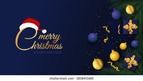 Feliz Navidad y Año Nuevo fondo de saludo vectorial con caja de regalo, ornamentos y tapa de Papá Noel para banner, Volante, medios sociales, impresión, afiche, web.