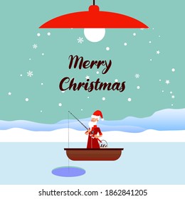 Merry christmas and new year vector background with fisherman characters fishing on frozen lake.