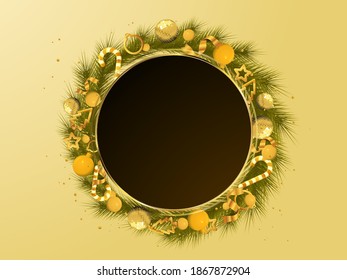 Merry Christmas and New Year vector greeting background with Empty Space, disco ball, ornaments for banner, Flyers, social media, print, poster, web.
