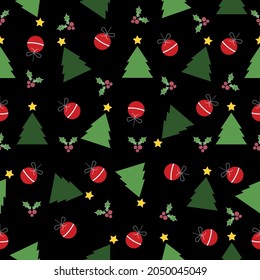 Merry Christmas and New Year vector seamless pattern on black background. Can be used as wallpaper, wrapping paper, banner or card template. Christmas tree, Christmas ball and holly berry decorations.