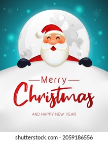 Merry Christmas and New Year vector banner template for advertising or greeting card. Text on a snowy mountain that Santa Claus is holding on to against the background of a large moon. Vector.