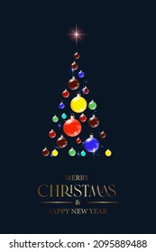 Feliz Navidad y Año Nuevo - tarjeta vectorial de saludo con una inscripción de saludo. Árbol de Navidad con coloridas bolas de vidrio.