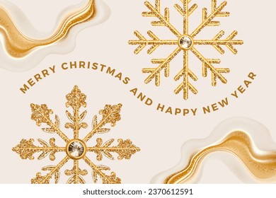 Merry Christmas New Year vector holiday greeting card, premium luxury 3d gold shiny glitter snowflake background with golden abstract wave