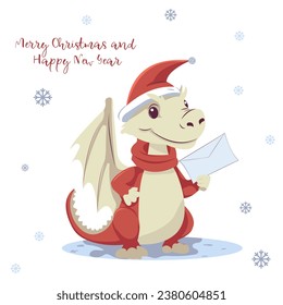 Merry Christmas and New Year vector laconic card template with a cute friendly dragon in a festive hat holding a letter in his hand.
