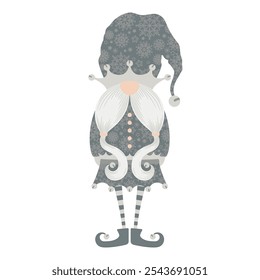 Merry Christmas and New Year vector illustration with cute hand drawn scandinavian gnome isolated on white background. Design for poster or card print, holiday decoration
