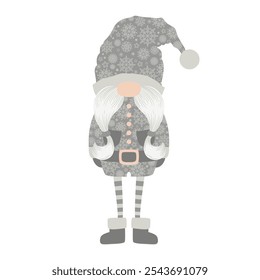 Merry Christmas and New Year vector illustration with cute hand drawn scandinavian gnome isolated on white background. Design for poster, card print, holiday decoration