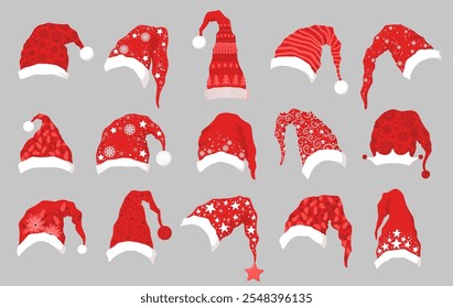 Merry Christmas, New Year vector illustrations set with red hand drawn Santa Claus hats isolated on grey background. Design elements collection for poster, card, holiday decoration