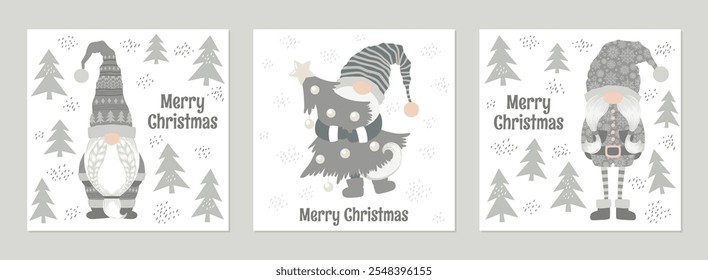 Fröhliche Weihnachts- und Neujahrsvektor-Illustrationen mit niedlichen handgezeichneten skandinavischen Gnomen, Bäumen und Schriftzügen einzeln auf weißem Hintergrund. Design für Plakatdruck, Karte, Dekoration