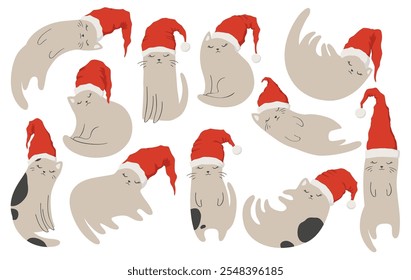 Merry Christmas, New Year vector illustrations set with cute hand drawn cats in red Santa Claus hat isolated on white background. Animal design collection for poster, card, holiday decoration