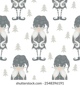 Merry Christmas and New Year vector illustration with cute hand drawn scandinavian gnomes seamless pattern isolated on white background. Design for poster, card print, holiday decoration