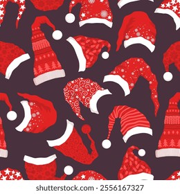 Merry Christmas, New Year vector illustration with red hand drawn Santa Claus hats seamless pattern isolated on dark background. Design template for poster, card, holiday decoration