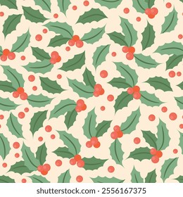 Merry Christmas New Year vector illustration with hand drawn holly leaves and berries seamless pattern isolated on light background. Holiday design template for card print poster decoration