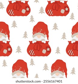 Merry Christmas and New Year vector illustration with cute hand drawn scandinavian gnomes in bag seamless pattern isolated on white background. Design for card or poster print, holiday decoration