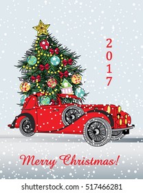 Merry Christmas , New Year vector poster, greeting card with christmas tree