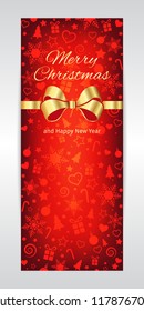 Merry Christmas and New Year vertical vector bright red gold banner template background with golden ribbon