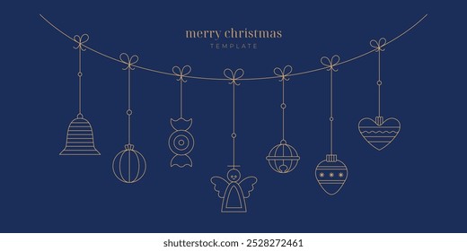 Merry Christmas, New Year vintage toy, ball, bauble, decoration for Christmas tree. Simple golden line flat vector banner, poster design.