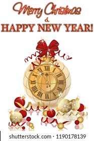 Merry Christmas & New Year wallpaper with xmas clock, vector illustration