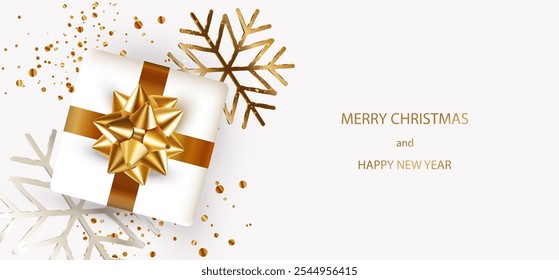 Merry Christmas and New Year white banner background with Christmas gift box, golden bow, silver snowflake, glitter confetti. Xmas realistic card. Vector greeting Holiday poster.