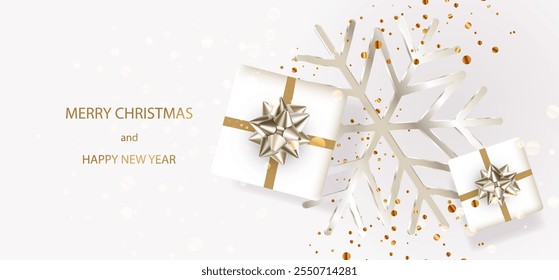 Merry Christmas and New Year white banner background with Christmas gift boxes, silver bow, silver snowflake, ribbon rope. Xmas realistic card. Vector greeting Holiday poster.