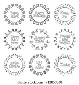 Merry Christmas New Year wishes labels stickers and badges. Hand drawn framework frame. Calligraphy phrase. Handwritten lettering. Xmas phrase set. Holidays. Greeting text. Christmas calligraphy