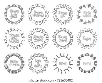 Merry Christmas New Year wishes labels stickers and badges. Hand drawn framework frame. Calligraphy phrase. Handwritten lettering. Xmas phrase set. Holidays. Greeting text