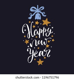 Merry Christmas and New Year words on Christmas tree decoration. Vector hand drawn Lettering