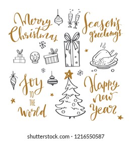 Merry Christmas and New Year words on Christmas tree decoration. Vector hand drawn Lettering with Christmas Doodle collection. Isolated objects