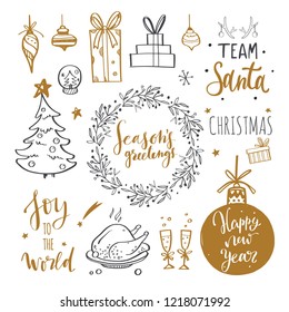 Merry Christmas and New Year words on Christmas tree decoration. Vector hand drawn Lettering with Christmas Doodle collection. Isolated objects