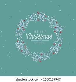 Merry Christmas and New Year words on Christmas tree frame decoration. Vector hand drawn Lettering. Vintage style