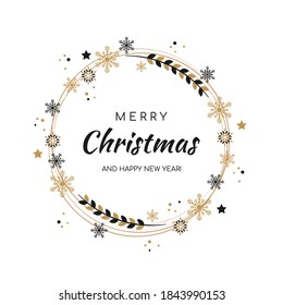 Merry Christmas and New Year wreath with black and golden ornaments. Postcard festive design announcements invitation posters. Winter garland isolated on white background. Vector illustration