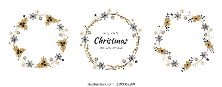 Merry Christmas and New Year wreath with black and golden ornaments. Postcard festive design announcements invitation posters. Winter garland isolated on white background. Vector illustration