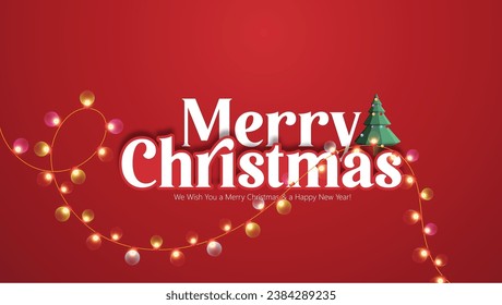 Merry Christmas and New Year, Xmas tree, light garlands, gold confetti and Christmas  holiday composition. Greeting card, banner, poster