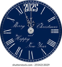 Merry Christmas and New Year. New Year's clock 2025. Countdown until midnight. Dark blue background. Vector illustration.