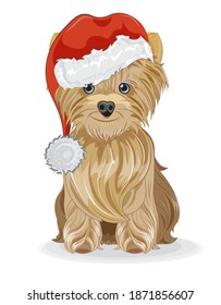 Merry Christmas, New year Yorkshire terrier puppy, dog in santa hat picture in hand drawing cartoon style, for greeting card, postcard. party invitation