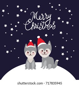 Merry Christmas New Year's card design funny gray husky dog in red hat, Kawaii face with large eyes and pink cheeks, boy and girl on darck blue background. Vector 